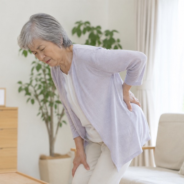 腰の痛みで前かがみになる女性
